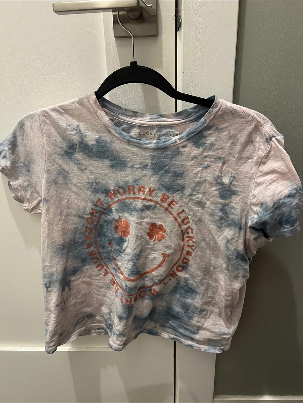 Lucky Brand Blue and White Tie-Dye Tee with Orange Smiley Graphic